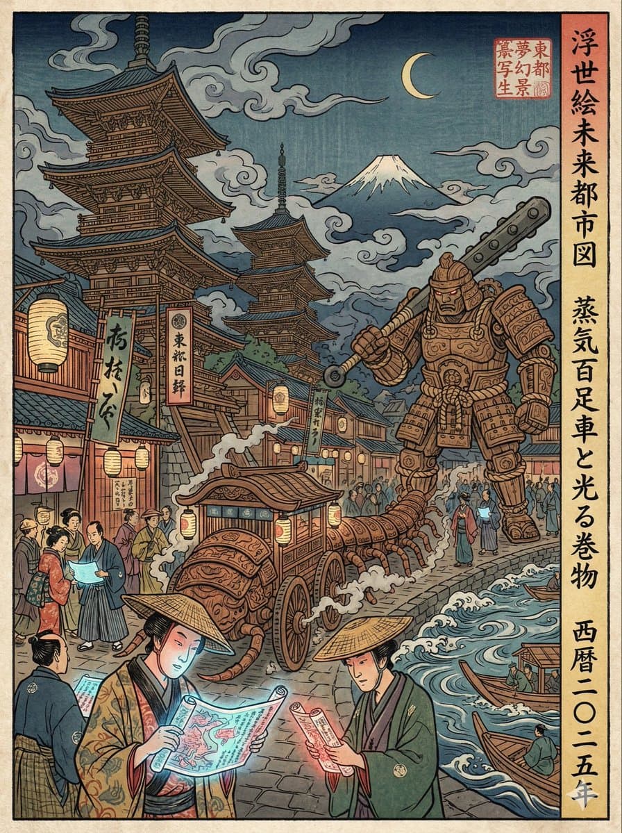 Réinterprétation Ukiyo-e d'Époque Edo d'une Scène Moderne